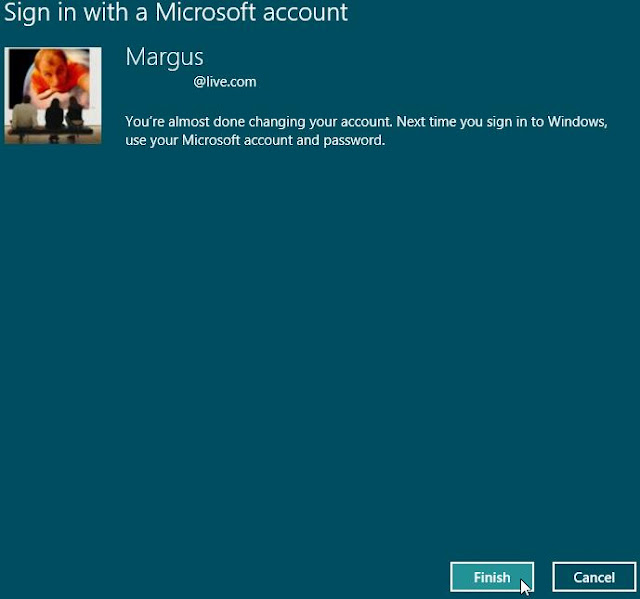 Windows 8, paramètres PC, Connectez-vous avec un compte Microsoft. Cliquez sur Terminer pour terminer la conversion de votre compte local en compte Microsoft.