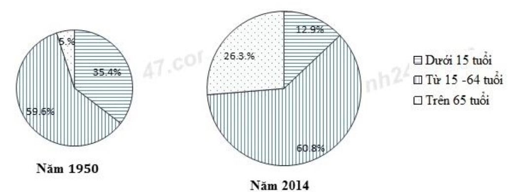 Dân số phân theo nhóm tuổi của Nhật Bản năm 1950 và 2014
