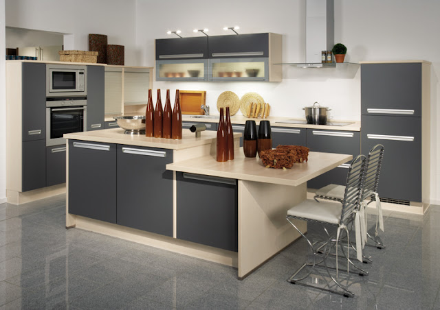 Kitchen in neutral colors with island and bar