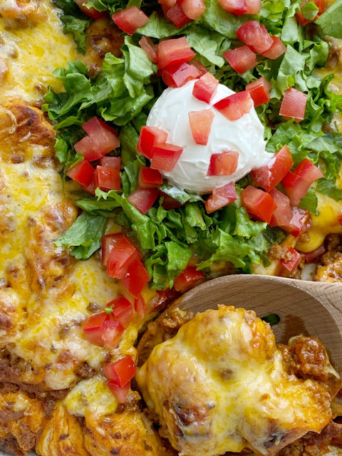 Taco Biscuit Bake in a casserole dish.
