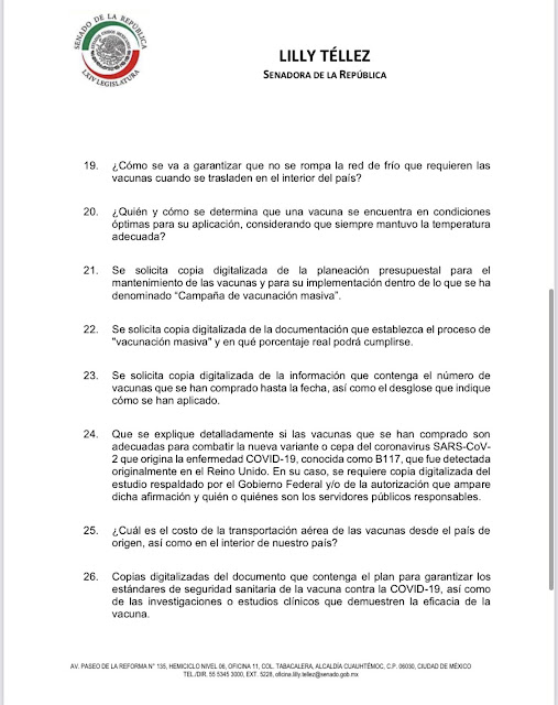 Presenta Téllez 45 preguntas a Salud sobre la compra de vacunas contra COVID-19