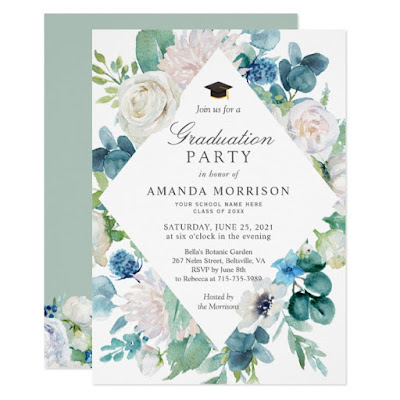  Sage Green Pale Blue White Floral Graduation Party Invitation