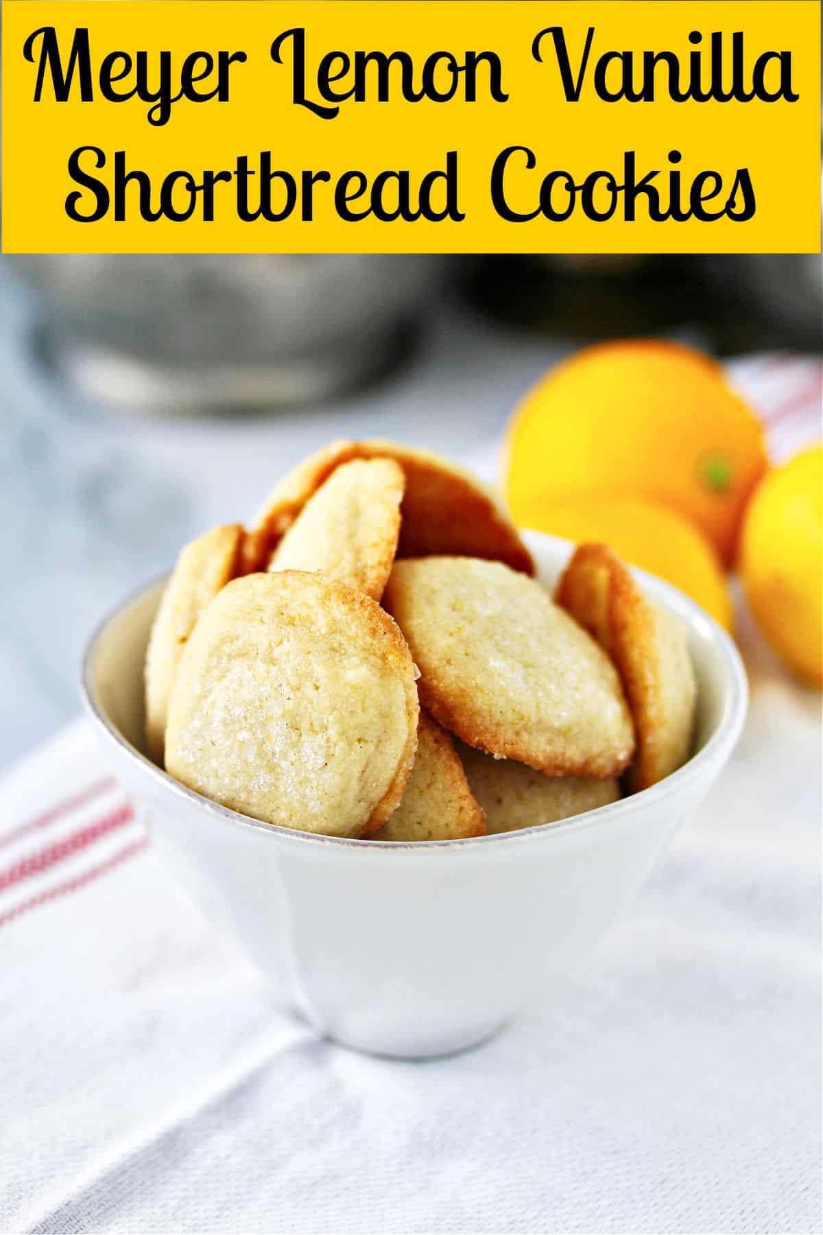 Meyer Lemon Vanilla Shortbread Cookies in a bowl.
