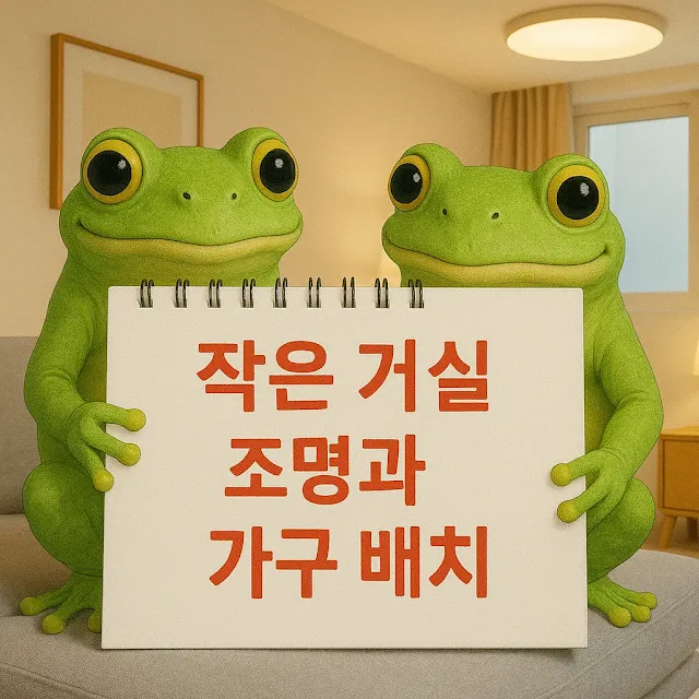 아파트 거실에서 '작은 거실 조명과 가구 배치' 문구가 적힌 스케치북을 든 청개구리