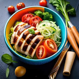 Grilled chicken salad with fresh vegetables and leafy greens