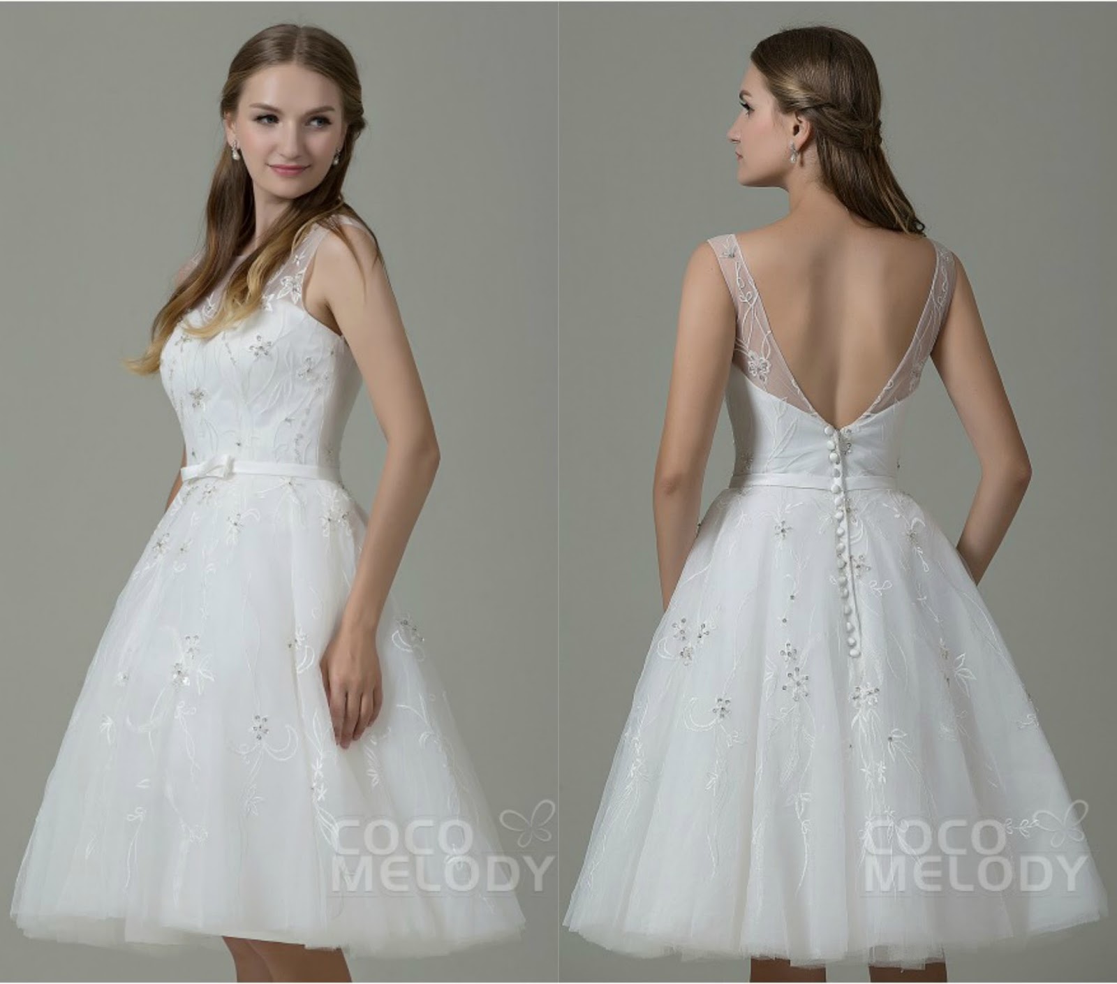  Fashion Illusion Natural Knee Length Tulle Ivory Sleeveless Open Back Wedding Dress with Beading and Embroidery 