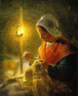 Woman Sewing by Lamplight