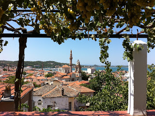 The view of the Clock Mosque underneath the hanging grapes on the balcony of the Taksiyarhis Pension.  It was originally a Greek Orthodox Church.