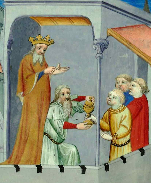 Alâ al Dîn Muhammad drogndo sus discípulos, de '`Viajes de Marco Polo. Folio 17r
