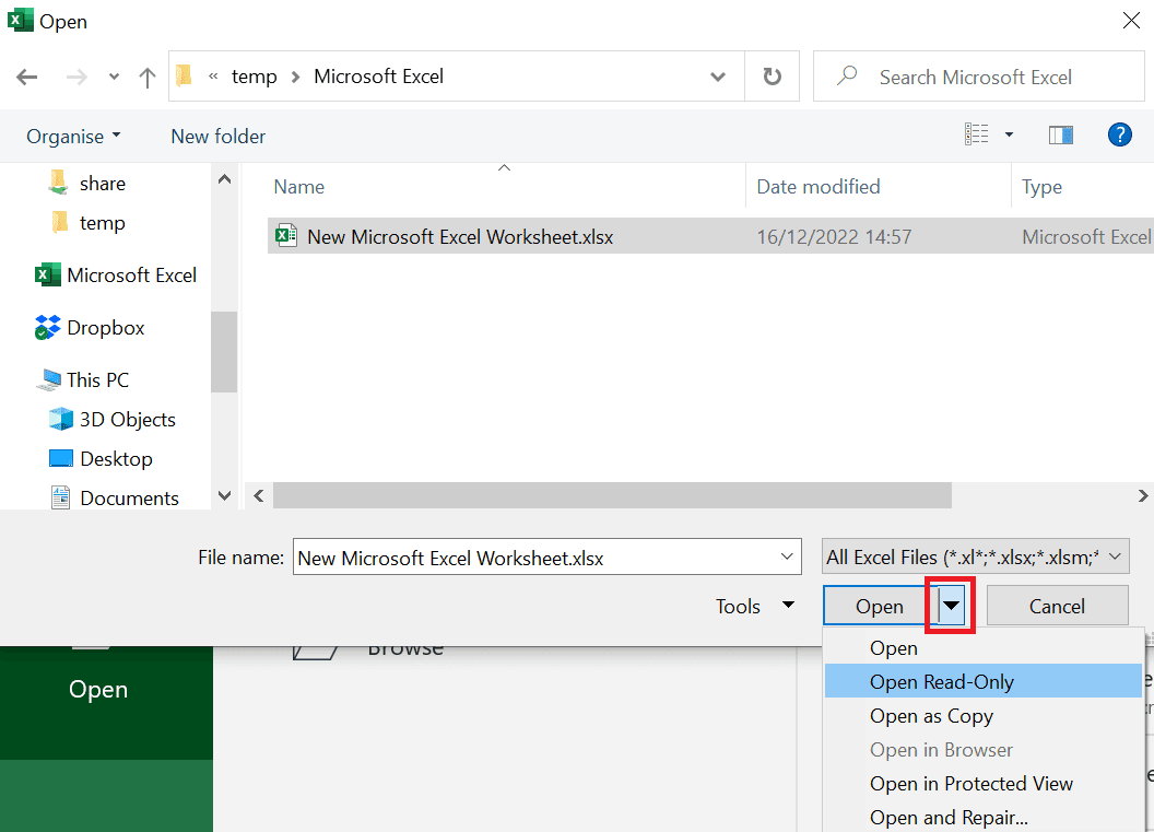 Screenshot of Microsoft Excel open dialog with Open Read-Only option highlighted