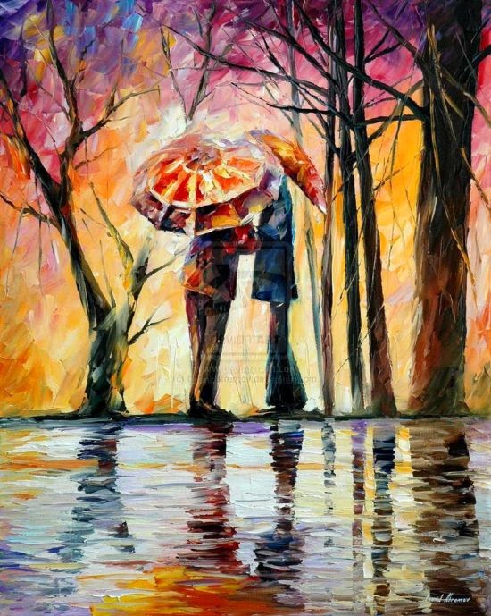 Leonid Afremov deviantart pinturas românticas impressionistas cores casais sob a chuva