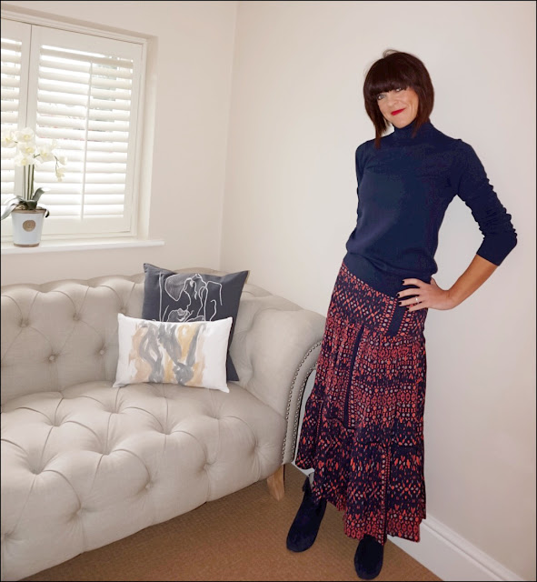 My Midlife Fashion, Boden cashmere polo neck jumper, great plains tarim ladder lace maxi skirt, boden boho boots