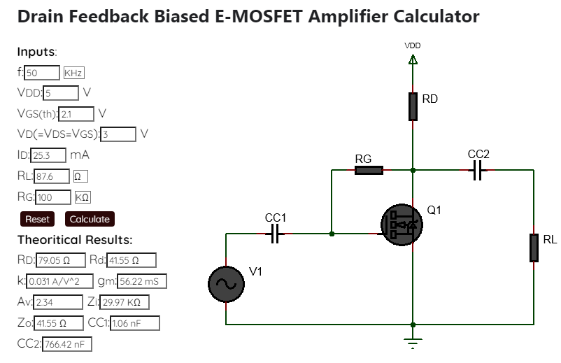 e-mosfet amplifier calculator