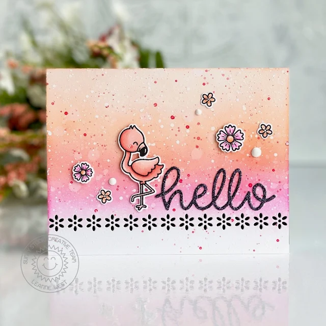 Sunny Studio Stamps: Fabulous Flamingos Eyelet Lace Border Dies Hello Card by Leanne West