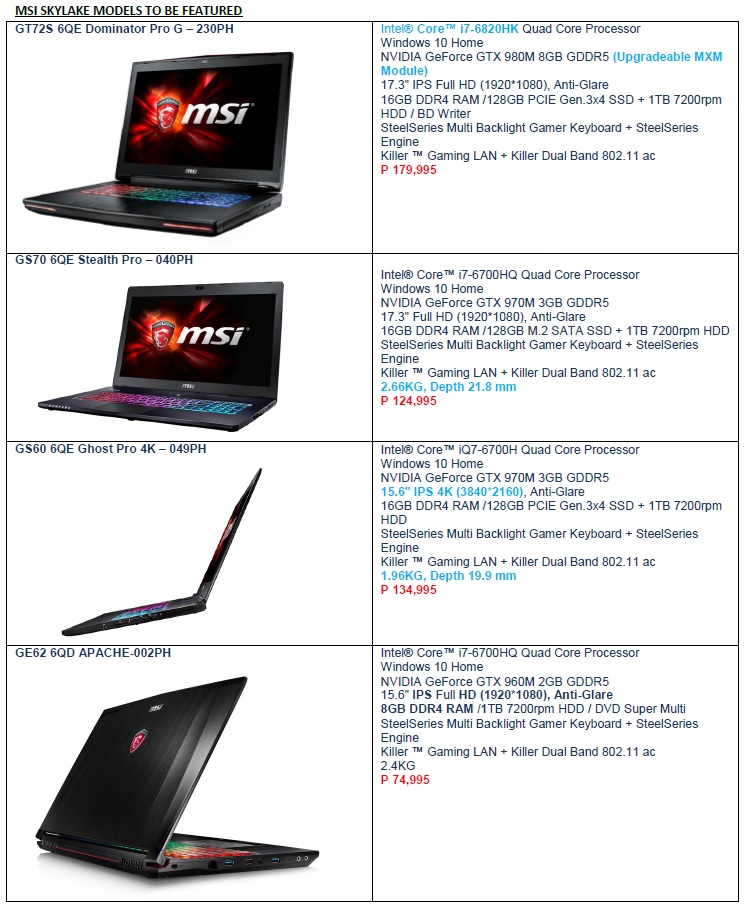 MSI Skylake laptops