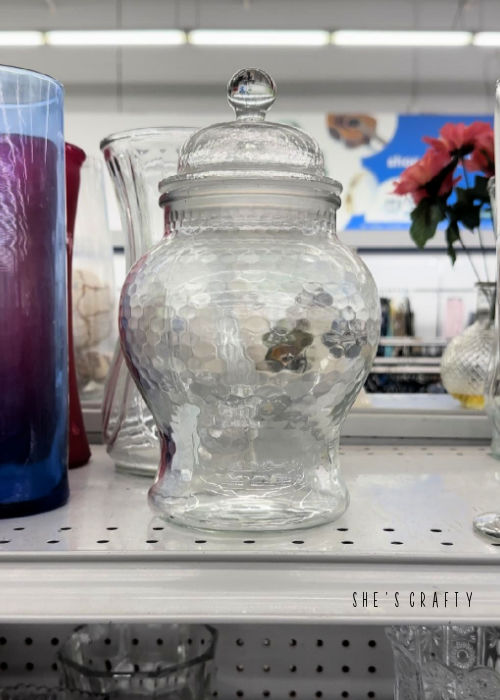 Thrift store glass lidded jar.