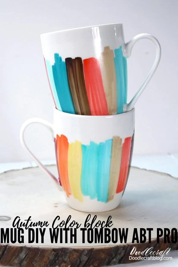 Make gorgeous color blocked mugs using Tombow ABT PRO Alcohol Based Markers and white ceramic mugs.