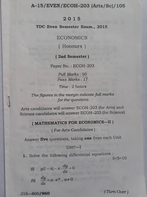 Mathematics for economics part 2, 2nd sem eco honours question paper 2015