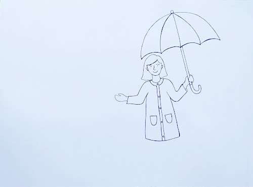 Draw her raincoat, its pockets and buttons