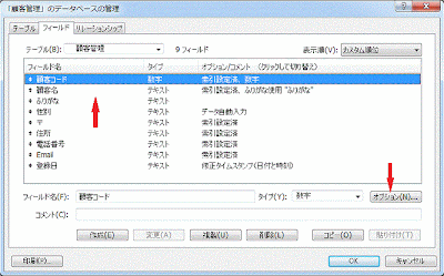 設定したいフィールドを選択し、［オプション］ボタンをクリックします