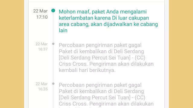 mohon maaf paket anda mengalami keterlambatan karena di luar cakupan area cabang, akan dijadwalkan ke cabang lain