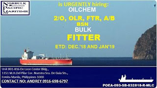 SEAMAN JOB Maritime hiring Filipino seafarers crew for bulk carrier and oil tanker vessels deployment December 2018 - January 2019.