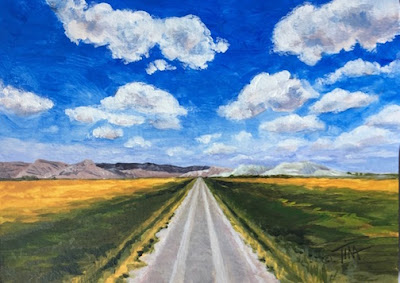One point perspective painting of road, summer fields and sky. ©2021 Tina M.Welter