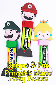 Use this printable to make some unique and fun party favors for your Super Mario birthday party. These gum party favors are unique and feature your favorite characters from the Mario video games. The gum heads include Mario, Luigi, Princess Peach, Yoshi, Goomba, and Koopa Troop  #supermario #gum #partyfavor #diypartymom #videogame #arcade