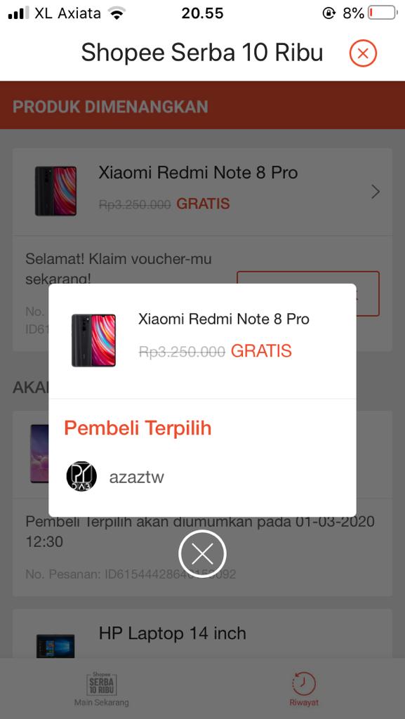 Menang Xiaomi Redmi Note 8 Seharga 10 Ribu Rupiah dari Shopee