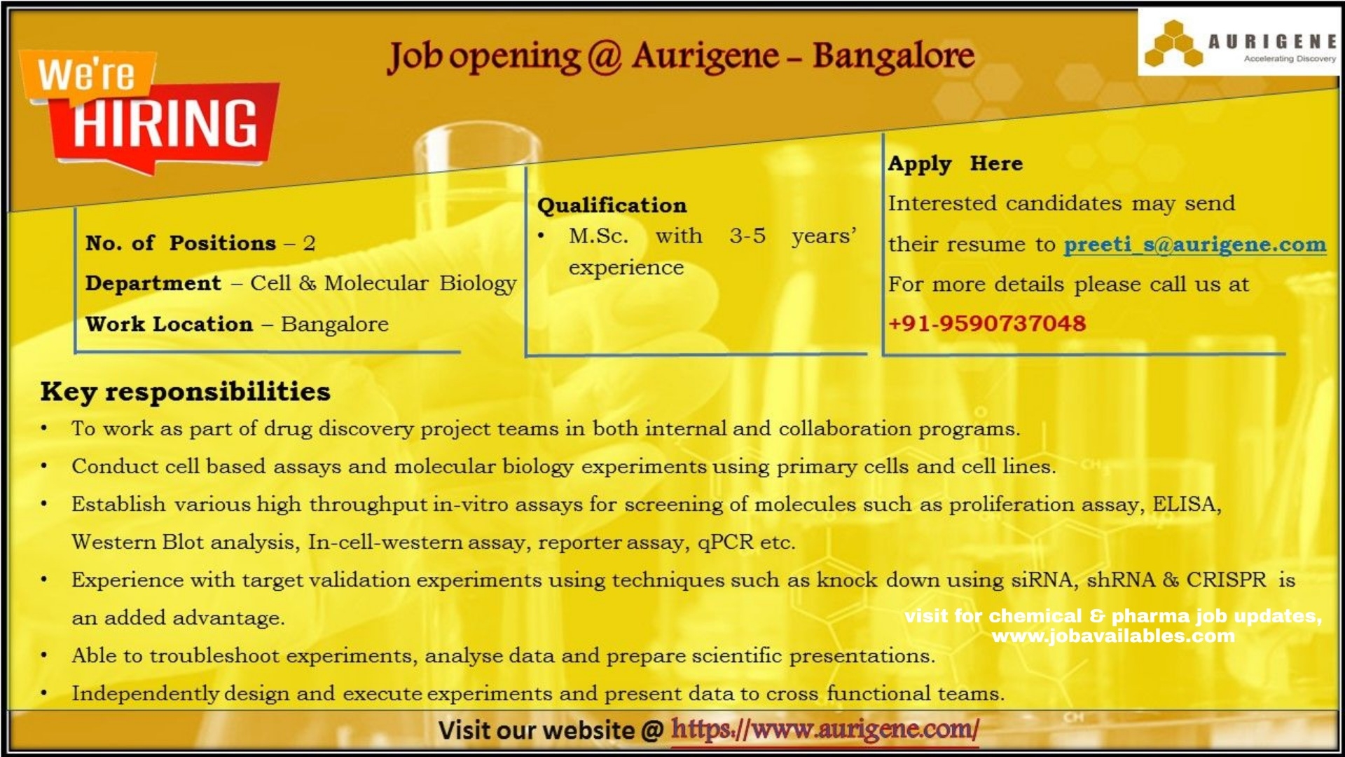 Job Availables, Aurigene Bangalore Job Opening For MSc In Cell& Molecular Biology Department