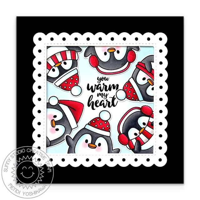 Sunny Studio Winter Holiday Christmas Card (using Roly Poly Penguins & Mug Hugs Stamps, Scalloped Square 2 Large Dies) Sunny Studio Winter Holiday Christmas Card (using Roly Poly Penguins & Mug Hugs Stamps, Scalloped Square 2 Large Dies)