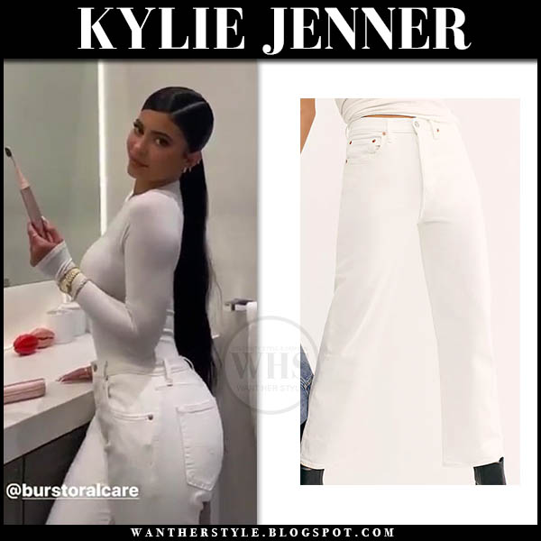 Kylie Jenner in white bodysuit and white jeans