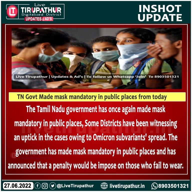 TN Govt Made mask mandatory in public places from today