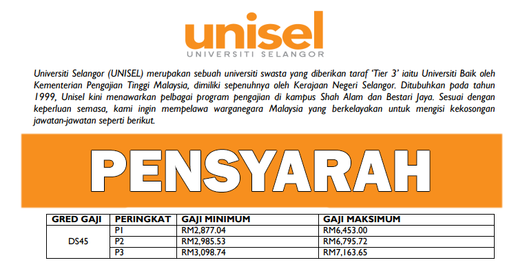 Jawatan Kosong Di Universiti Selangor Unisel Jawatan Pensyarah Pelbagai Bidang Gaji Rm2 877 04 Rm6 453 00 Jobcari Com Jawatan Kosong Terkini