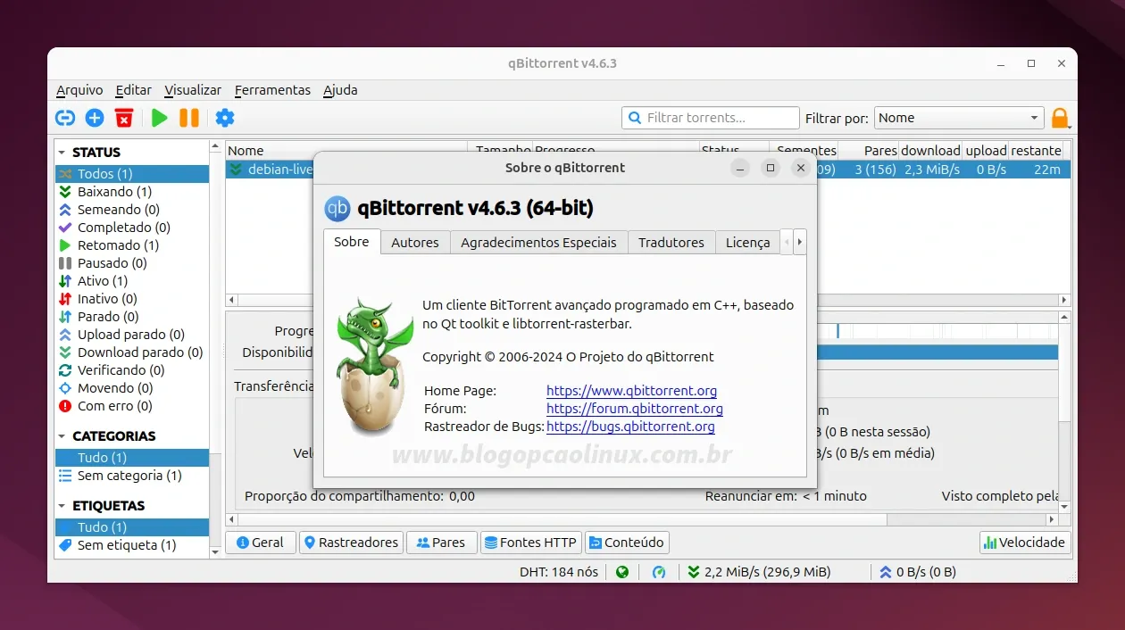 qBittorrent executando no Ubuntu 24.04 LTS (Noble Numbat)