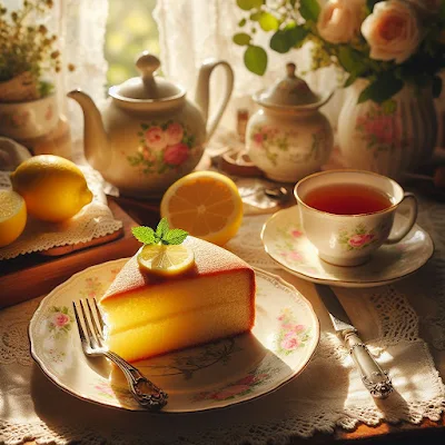 Auf dem Bild ist ein gedeckter Tisch. Eine Tasse schwarzer Tee und ein Dessertteller mit einem Stück fruchtigen Zitronenkuchen mit einem Sahnetupfer. Der Kuchen sowie der gedeckte Tisch sieht sehr gemütlich und einladend aus.