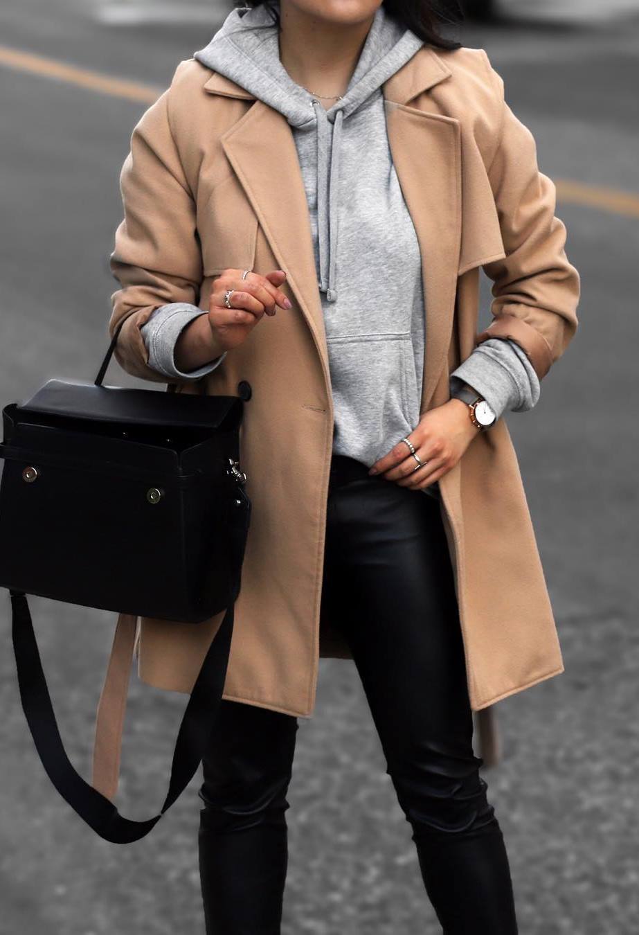 fall trends / nude trench coat + black leather pants + bag + sweatshirt