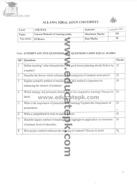 Aiou Bed Code 6400 Old Papers