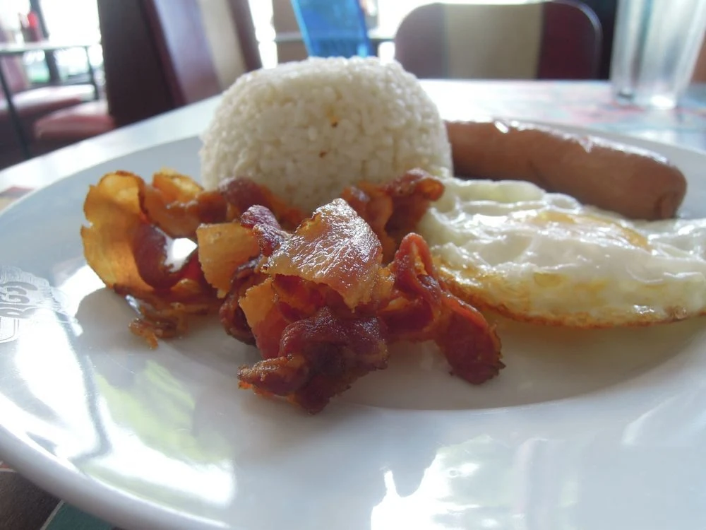 Bacon, eggs, and rice for breakfast at Bigg's Diner in Legazpi City, Albay