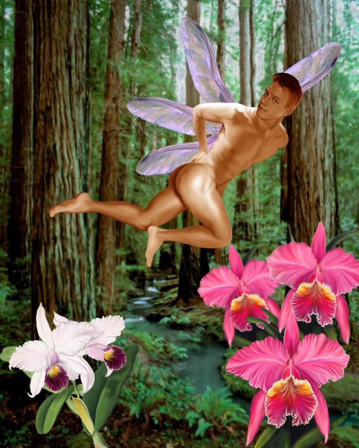 Nude male fairy in flight