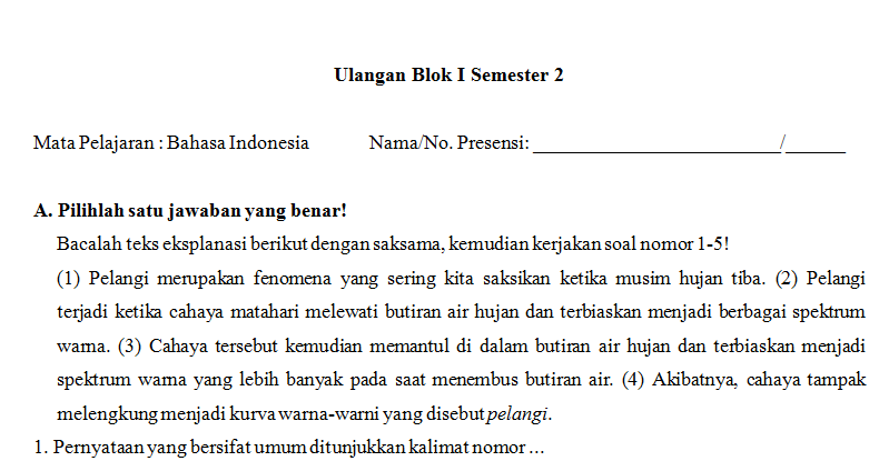 Contoh soal ujian Bahasa Indonesia
