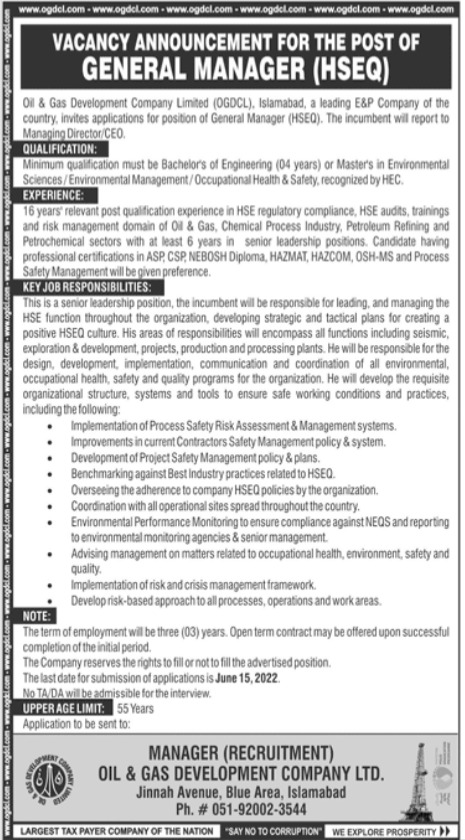 Latest Oil and Gas Development Company Limited OGDCL Management Posts Islamabad 2022