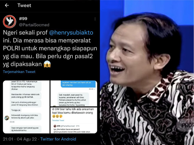 Profesor Henri Subiakto yang merupakan eks Staf ahli Menteri Komunikasi dan Informatika SERU....!! Prof. Henry Subiakto Kejebak Akun Eks Pendukung Jokowi @PartaiSocmed