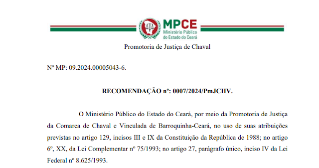 Ministério Público do Ceará recomenda a Não realização de Prova do Concurso de Chaval em Granja/CE