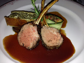 Colorado Lamb Two Ways: Roasted Rack & Braised Shoulder, Spanakopita, Ratatouille, Natural Jus 