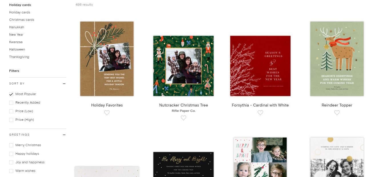 A screenshot of the Paperless Post Christmas card selection