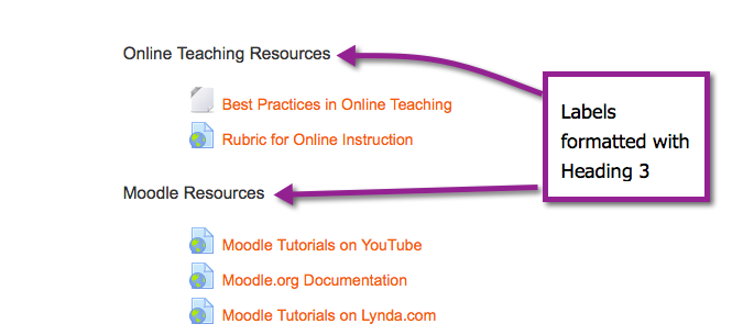 Labels in Moodle formatted with Heading 3