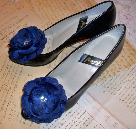 Navy Blue Silk and Organza Flower Wedding Shoe Accessories