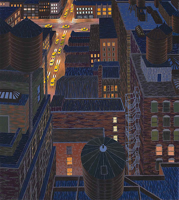 Yvonne Jacquette 1996 art, an urban city at night