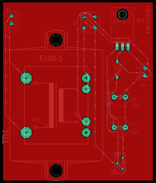 pcb of Variable voltage regulator using LM317 ( 5V to 30V , 1 A )